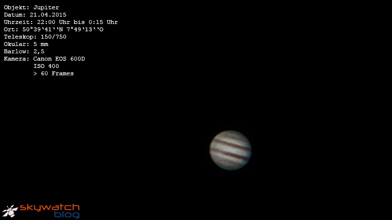 Jupiter am 21.04.2015. Das Bild ist stark verrauscht. Dennoch können die Wolkenstrukturen klar erkannt werden. Der Rote Fleck kann ansatzweise erkannt werden.