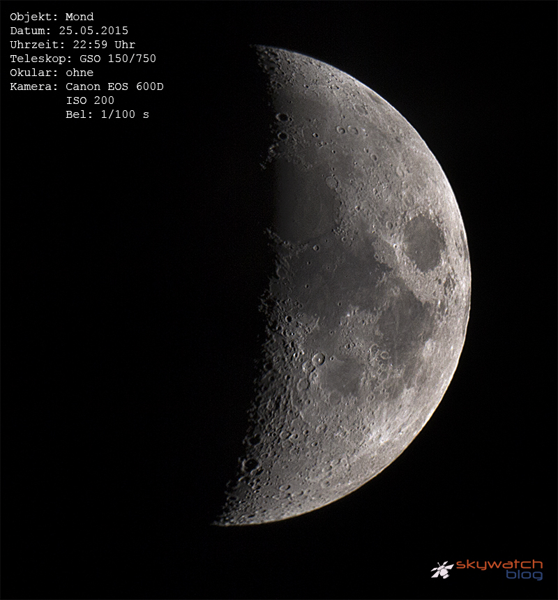 Der Mond mit Bild- und Teleskopdaten.